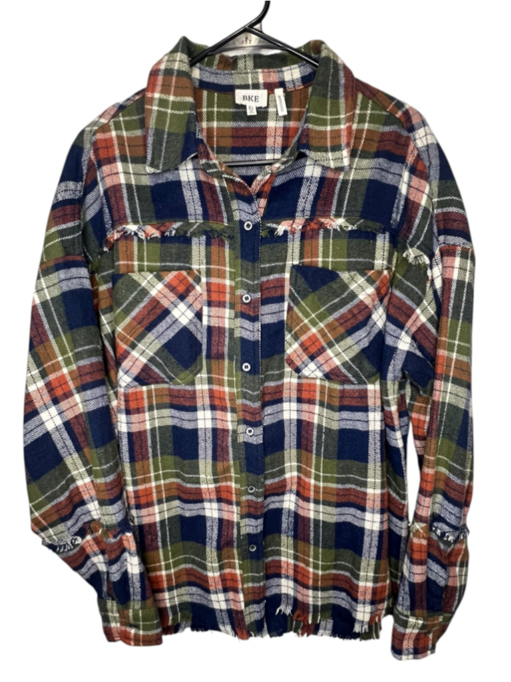 BKE Raw Hem Frayed Hem Plaid Long Sleeve Boyfriend Flannel Shirt Shacket